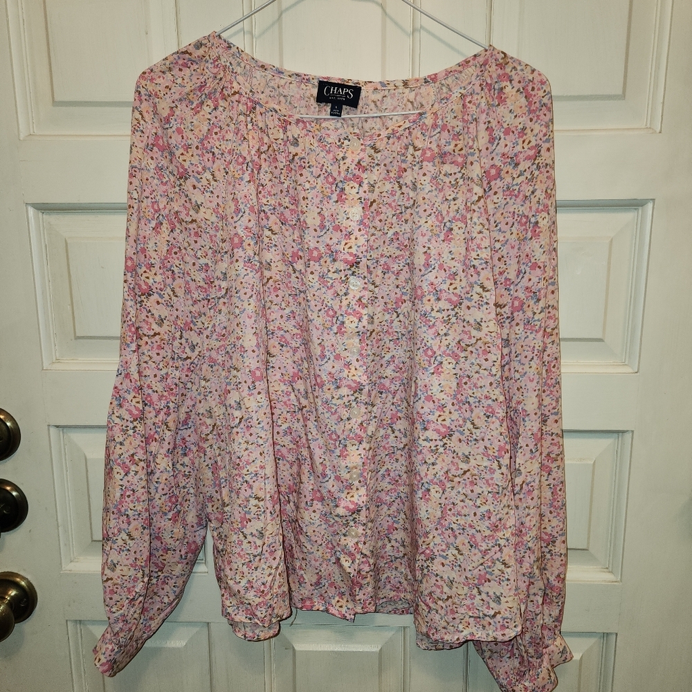CHAPS Pink Floral Print Rayon Button Down Lightweight Blouse Size Large